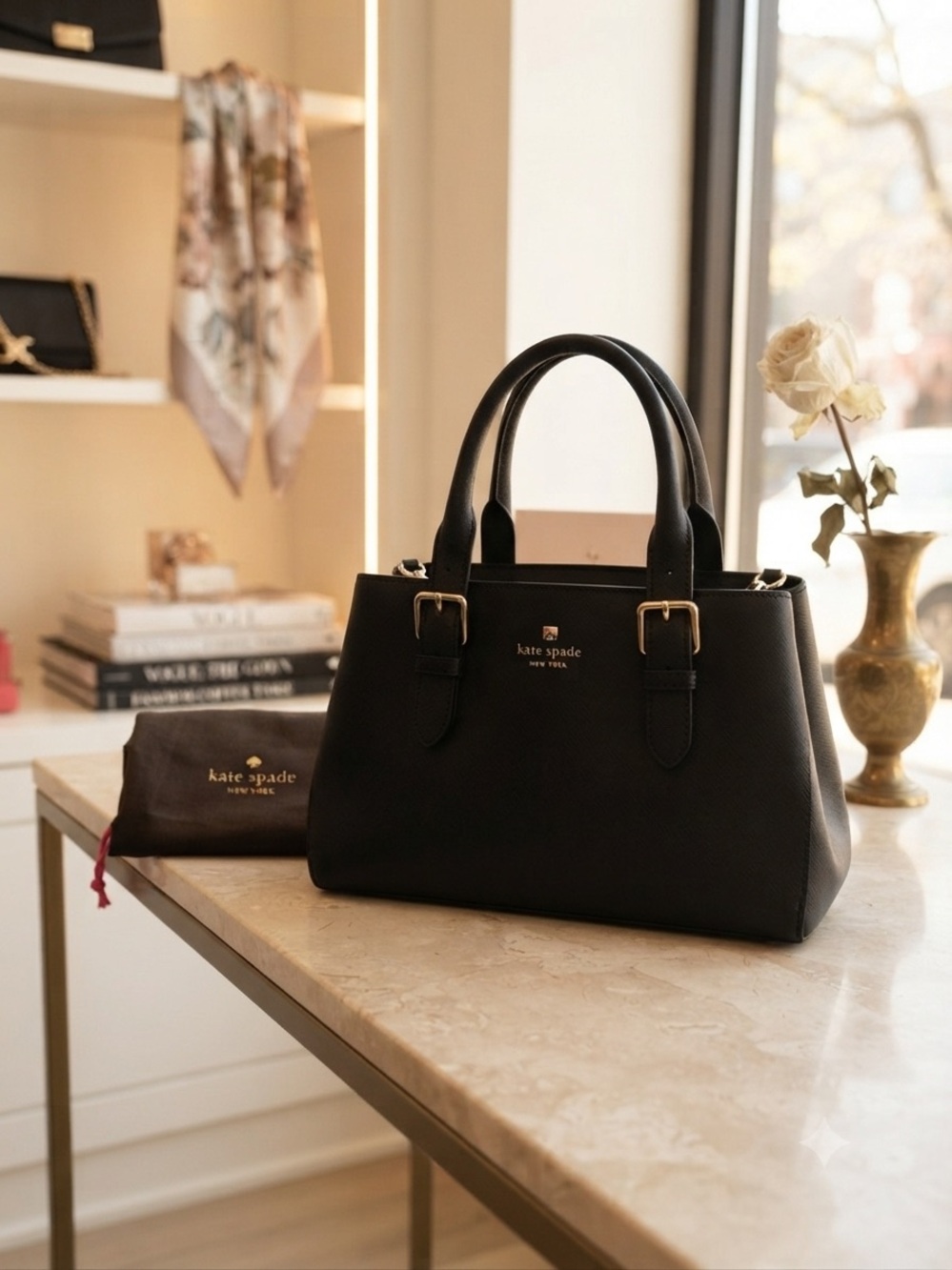 Kate Spade New York Black Saffiano Leather Satchel Handbag with Crossbody Strap